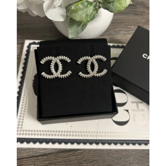 Silver CHANEL Crystal XL Stud Earrings 24A (CHXX024) - Picture 7 of 10